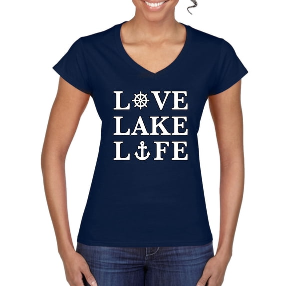 Wild Bobby, Anchor Wheels Love Lake Life, Women Standard V-Neck Tee, Navy, Medium