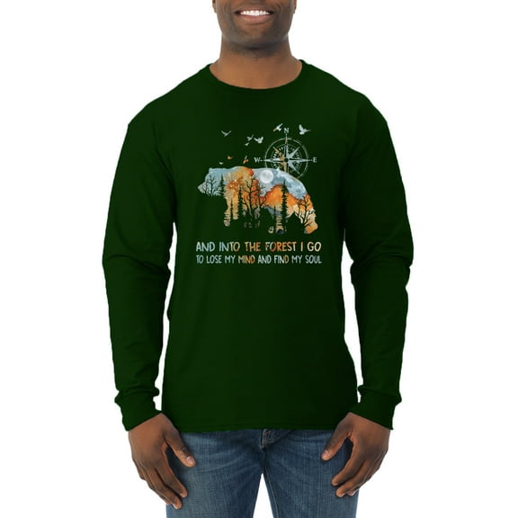 Wild Bobby, And Into The Forest I Go To Lose My Mind, Animal Lover, Men Long Sleeve Shirt, Forest Green, Large
