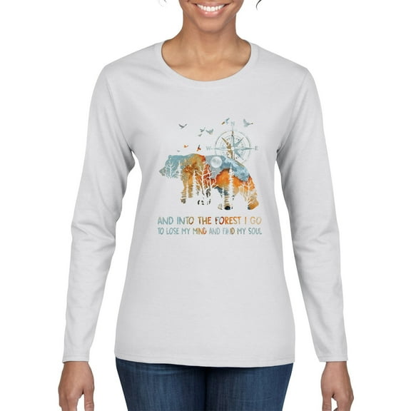 Wild Bobby, And Into The Forest I Go To Lose My Mind, Animal Lover, Women Graphic Long Sleeve Tee, White, X-Large