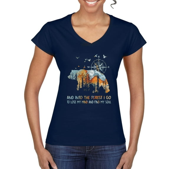 Wild Bobby, And Into The Forest I Go To Lose My Mind, Animal Lover, Women Standard V-Neck Tee, Navy, XX-Large