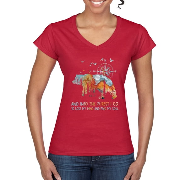 Wild Bobby, And Into The Forest I Go To Lose My Mind, Animal Lover, Women Standard V-Neck Tee, Red, XX-Large