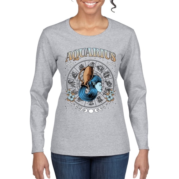 Wild Bobby Aquarius Air Water Sign, January 19 February 18, Star Constellations Horoscope Zodiac Birthday Birth Month Stone Gift for Men Women Graphic Long Sleeve Tee