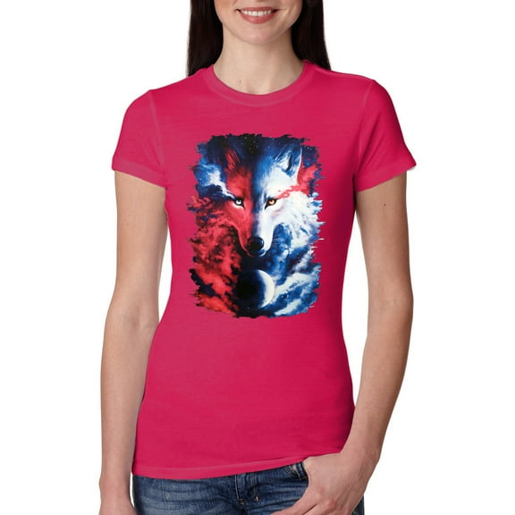 Wild Bobby, Artic Wolf Light Dark Good Bad Moon | Womens Animal Lover Slim Fit Junior Tee, Raspberry, Small