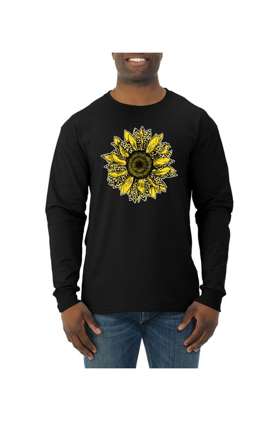 , Artsy Cheetah Leopard Print Sunflower, Fashion, Men Long Sleeve Shirt, Black, 2XL