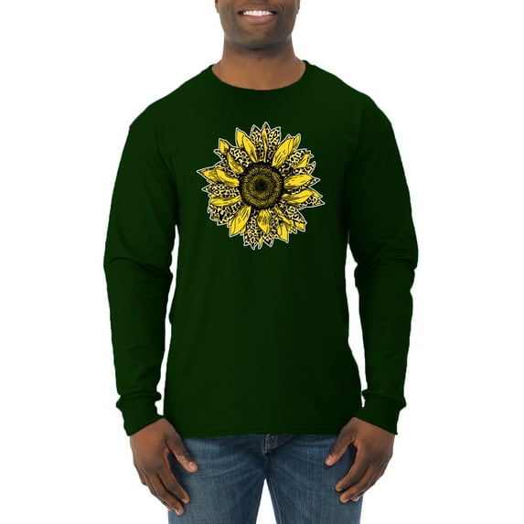 Wild Bobby, Artsy Cheetah Leopard Print Sunflower, Fashion, Men Long Sleeve Shirt, Forest Green, 2XL