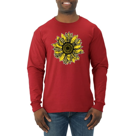 Wild Bobby, Artsy Cheetah Leopard Print Sunflower, Fashion, Men Long Sleeve Shirt, Red, Small