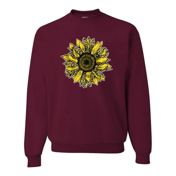 Wild Bobby, Artsy Cheetah Leopard Print Sunflower, Fashion, Unisex Crewneck Graphic Sweatshirt, Maroon, 2XL