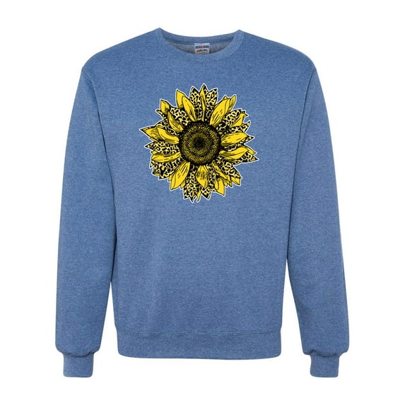 Wild Bobby, Artsy Cheetah Leopard Print Sunflower, Fashion, Unisex Crewneck Graphic Sweatshirt, Vintage Heather Blue, Small