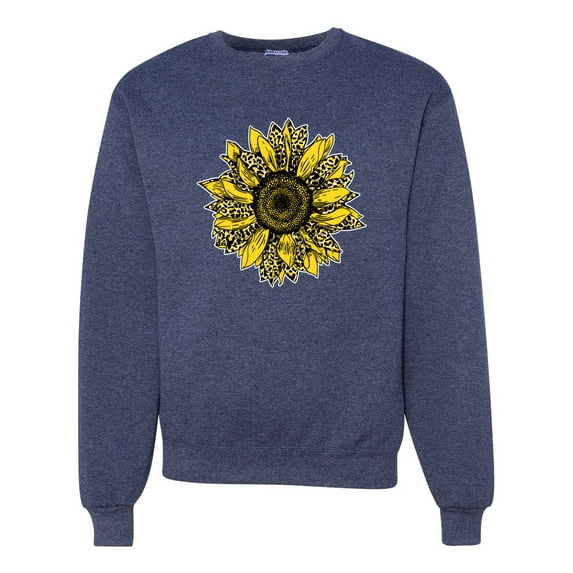 Wild Bobby, Artsy Cheetah Leopard Print Sunflower, Fashion, Unisex Crewneck Graphic Sweatshirt, Vintage Heather Navy, 3XL