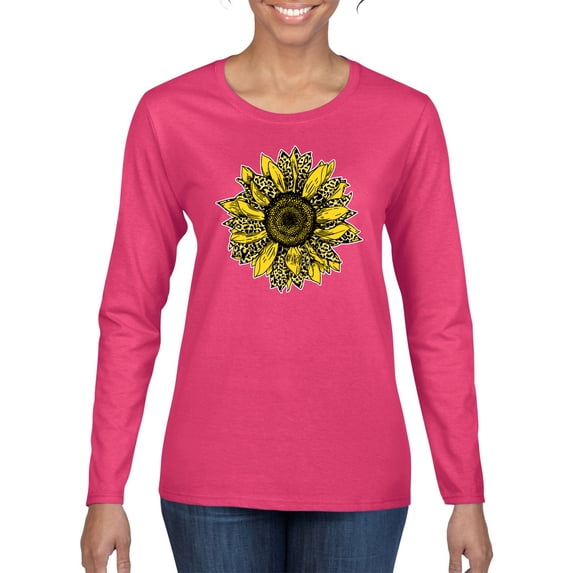 Wild Bobby, Artsy Cheetah Leopard Print Sunflower, Fashion, Women Graphic Long Sleeve Tee, Fuschia, Medium