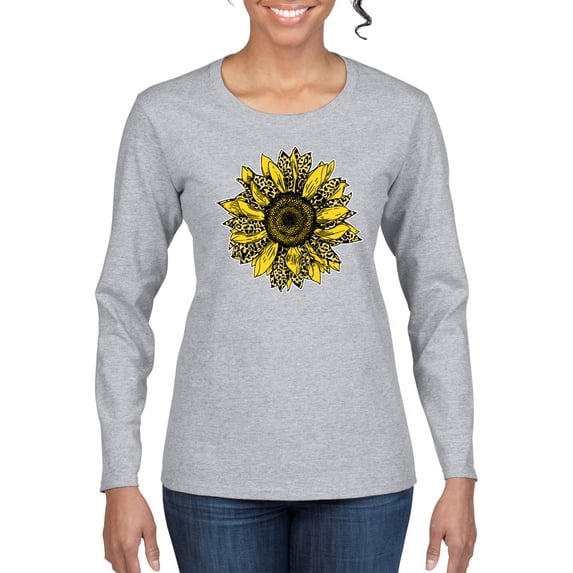 Wild Bobby, Artsy Cheetah Leopard Print Sunflower, Fashion, Women Graphic Long Sleeve Tee, Heather Grey, X-Large