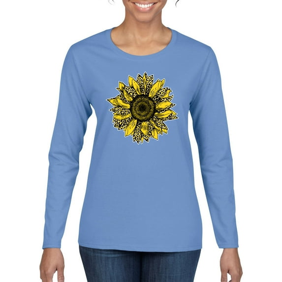 Wild Bobby, Artsy Cheetah Leopard Print Sunflower, Fashion, Women Graphic Long Sleeve Tee, Light Blue, Small