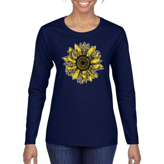 Wild Bobby, Artsy Cheetah Leopard Print Sunflower, Fashion, Women Graphic Long Sleeve Tee, Navy, 2XL