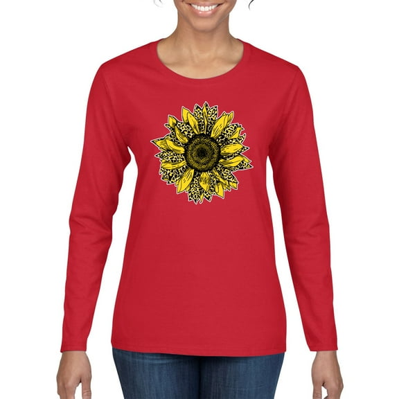 Wild Bobby, Artsy Cheetah Leopard Print Sunflower, Fashion, Women Graphic Long Sleeve Tee, Red, Medium