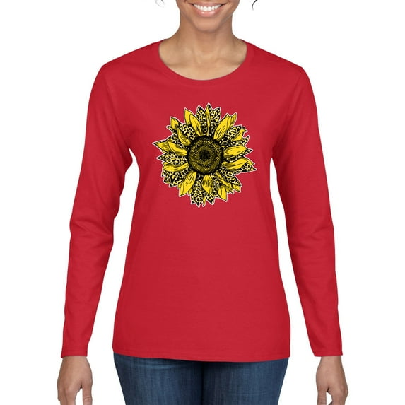 Wild Bobby, Artsy Cheetah Leopard Print Sunflower, Fashion, Women Graphic Long Sleeve Tee, Red, X-Large