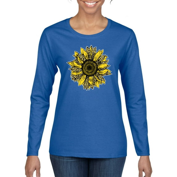 Wild Bobby, Artsy Cheetah Leopard Print Sunflower, Fashion, Women Graphic Long Sleeve Tee, Royal, Medium