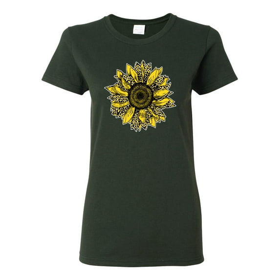 Wild Bobby, Artsy Cheetah Leopard Print Sunflower, Fashion, Women Graphic Tee, Forest Green, X-Large