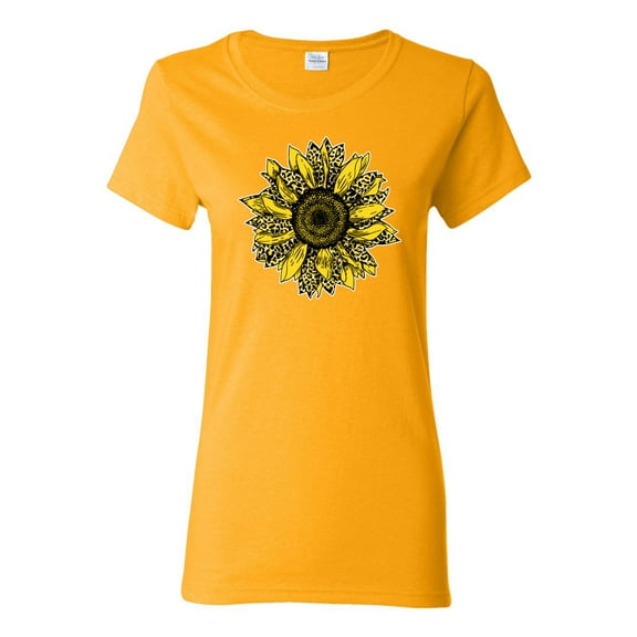 Wild Bobby, Artsy Cheetah Leopard Print Sunflower, Fashion, Women Graphic Tee, Gold, Small
