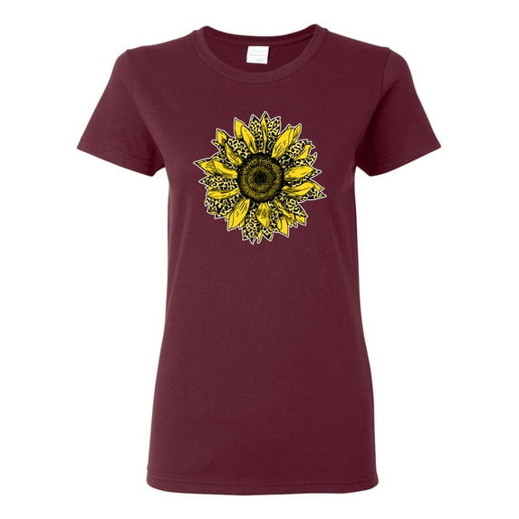 Wild Bobby, Artsy Cheetah Leopard Print Sunflower, Fashion, Women Graphic Tee, Maroon, Small