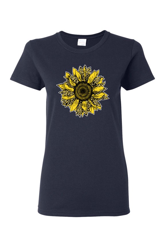 , Artsy Cheetah Leopard Print Sunflower, Fashion, Women Graphic Tee, Navy, Medium
