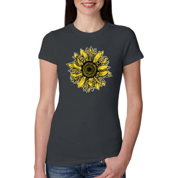 Wild Bobby, Artsy Cheetah Leopard Print Sunflower, Fashion, Women Slim Fit Junior Tee, Dark Grey, Medium