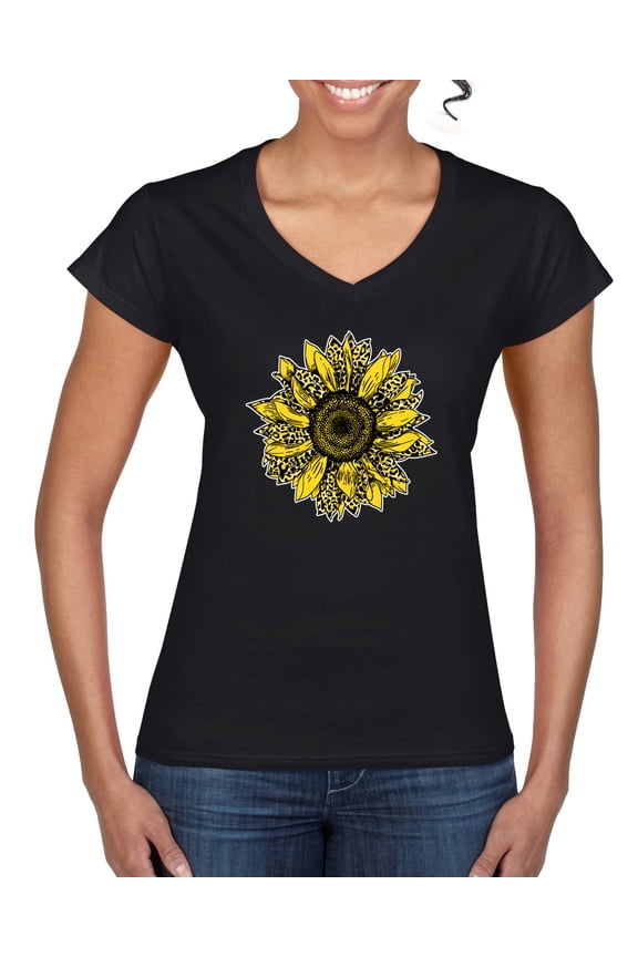 , Artsy Cheetah Leopard Print Sunflower, Fashion, Women Standard V-Neck Tee, Black, Small