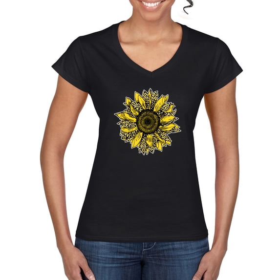Wild Bobby, Artsy Cheetah Leopard Print Sunflower, Fashion, Women Standard V-Neck Tee, Black, X-Large