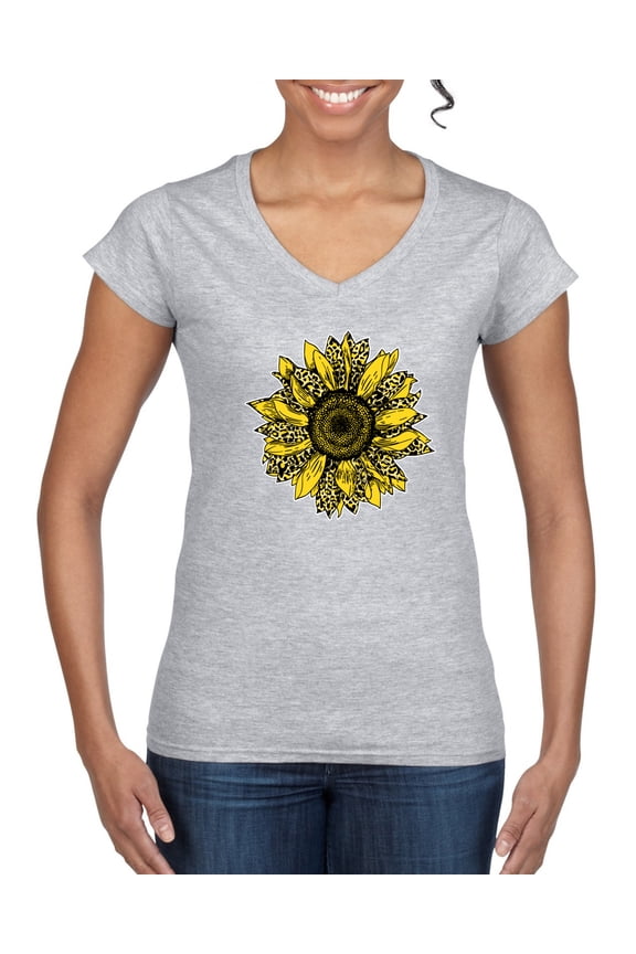 , Artsy Cheetah Leopard Print Sunflower, Fashion, Women Standard V-Neck Tee, Heather Grey, Medium