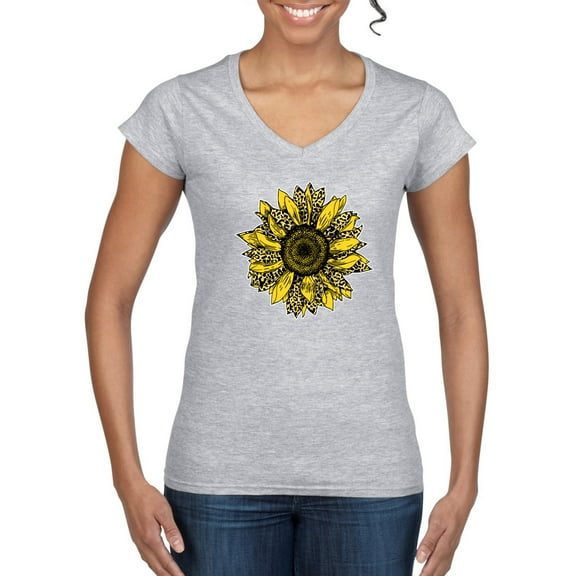 Wild Bobby, Artsy Cheetah Leopard Print Sunflower, Fashion, Women Standard V-Neck Tee, Heather Grey, Small