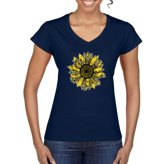 Wild Bobby, Artsy Cheetah Leopard Print Sunflower, Fashion, Women Standard V-Neck Tee, Navy, Medium