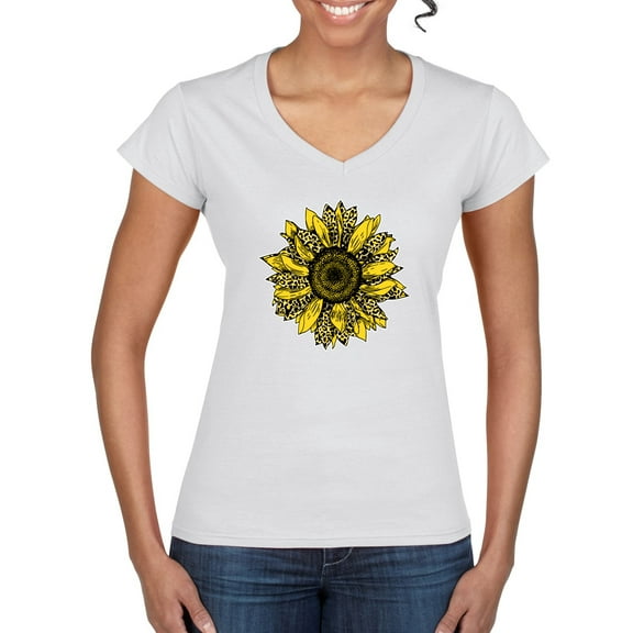 Wild Bobby, Artsy Cheetah Leopard Print Sunflower, Fashion, Women Standard V-Neck Tee, White, Small