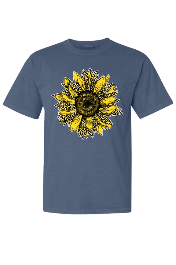 ,Artsy Cheetah Leopard Print Sunflower, Streetwear, Garment-Dyed Washed Look Short Sleeve T-Shirt, Navy, 2XL