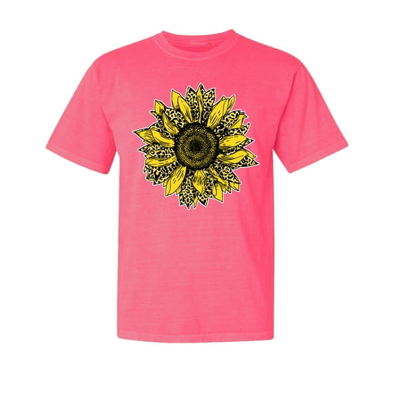 Wild Bobby,Artsy Cheetah Leopard Print Sunflower, Streetwear, Garment-Dyed Washed Look Short Sleeve T-Shirt, Neon Pink, 2XL
