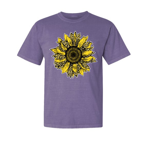 Wild Bobby,Artsy Cheetah Leopard Print Sunflower, Streetwear, Garment-Dyed Washed Look Short Sleeve T-Shirt, Purple, Medium