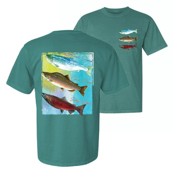 Wild Bobby, Atlantic Chum Sakeye Salmon Fish Trio, Fishing, Front and Back Garment-Dyed Short Sleeve Tees, Emerald, Large