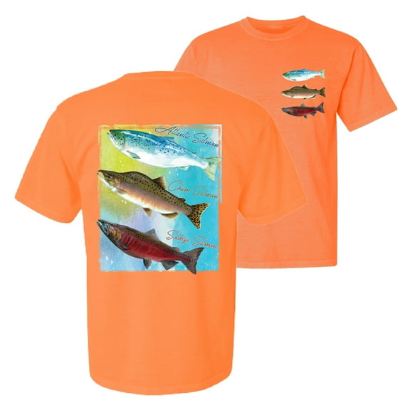 Wild Bobby, Atlantic Chum Sakeye Salmon Fish Trio, Fishing, Front and Back Garment-Dyed Short Sleeve Tees, Neon Orange, Medium
