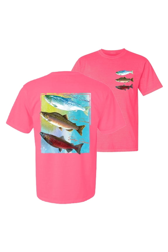 , Atlantic Chum Sakeye Salmon Fish Trio, Fishing, Front and Back Garment-Dyed Short Sleeve Tees, Neon Pink, Large
