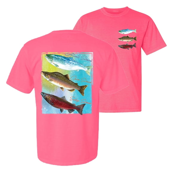 Wild Bobby, Atlantic Chum Sakeye Salmon Fish Trio, Fishing, Front and Back Garment-Dyed Short Sleeve Tees, Neon Pink, Small