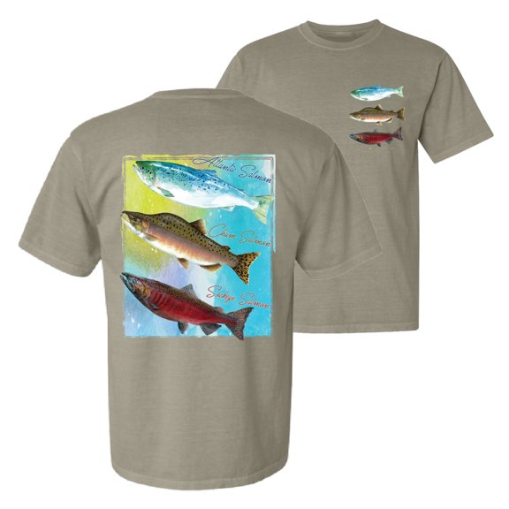 Wild Bobby, Atlantic Chum Sakeye Salmon Fish Trio, Fishing, Front and Back Garment-Dyed Short Sleeve Tees, Sand, Medium