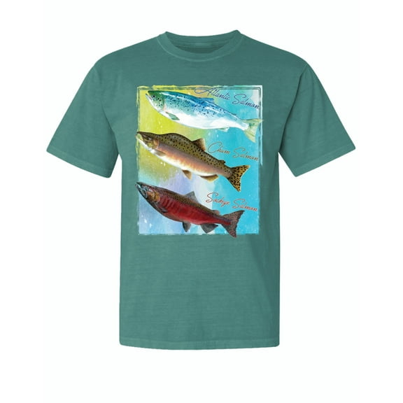 Wild Bobby, Atlantic Chum Sakeye Salmon, Fish, Trio Garment-Dyed Washed Look Short Sleeve Tees, Emerald, Large