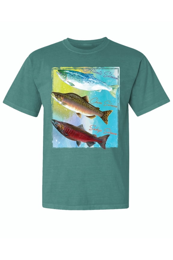 , Atlantic Chum Sakeye Salmon, Fish, Trio Garment-Dyed Washed Look Short Sleeve Tees, Emerald, Medium