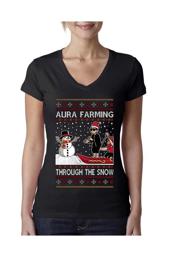 Aura Farming Through The Snow Meme Sweater | Holiday Women Junior Fit V-Neck Tee