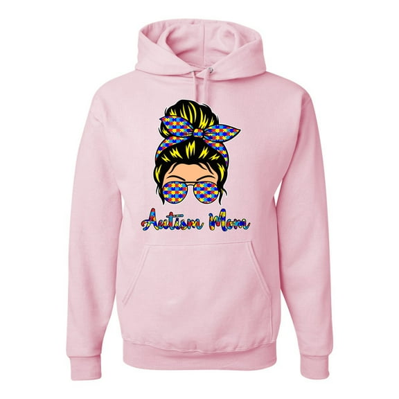 Wild Bobby, Autism Awareness Mom Life Messy Hair Bun | Cool Support Neon Print Bandana Mother's Day Unisex Graphic Hoodie Sweatshirt, Light Pink, Medium