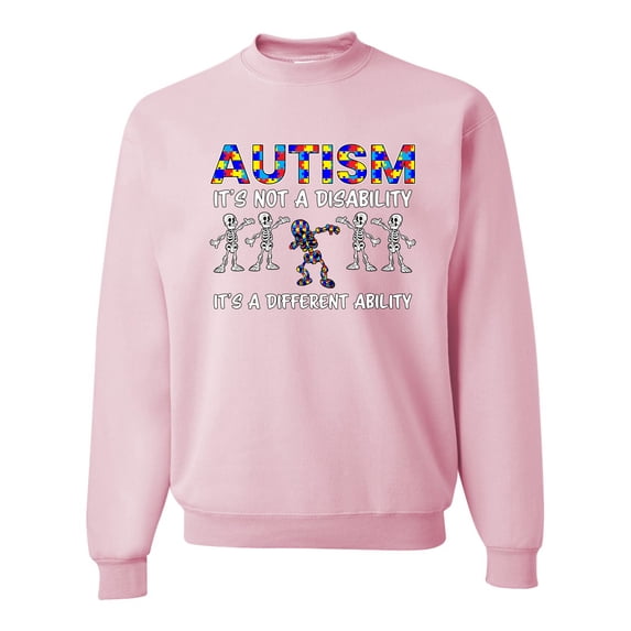 Wild Bobby, Autism Is Not A Disablity It's A Different Abilty | Autism Awareness Dabbing Skeleton Inspirational Christian Unisex Crewneck Graphic Sweatshirt, Light Pink, Medium