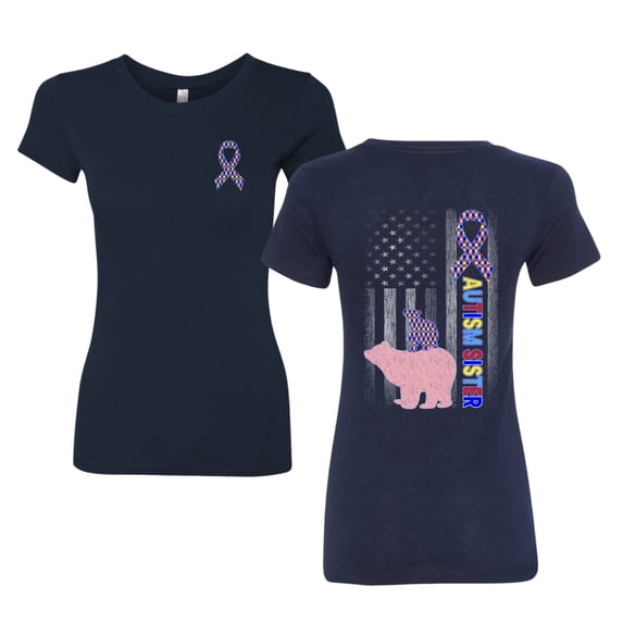 Wild Bobby Autism Sister Tshirt Vintage American Flag Puzzle Autism Ribbon Autism Awareness Front and Back Women Slim Fit Junior Tee
