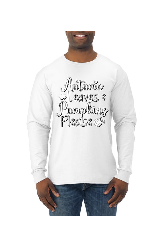 Autumn Leaves and Pumpkins Please Black and White Distress Filter Halloween Men Long Sleeve Shirt, White, Large