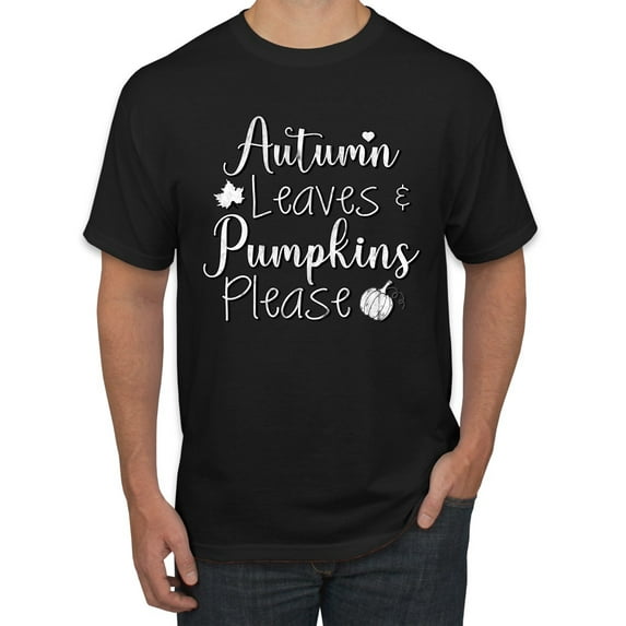 Wild Bobby Autumn Leaves and Pumpkins Please Black and White Distress Filter Halloween Men Tee, Black, Small