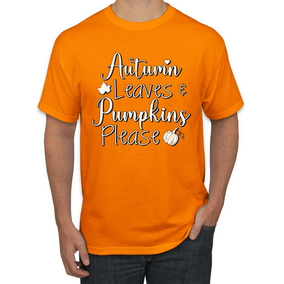 Wild Bobby Autumn Leaves and Pumpkins Please Black and White Distress Filter Halloween Men Tee, Orange, X-Large