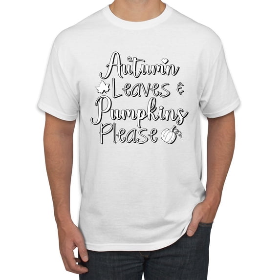 Wild Bobby Autumn Leaves and Pumpkins Please Black and White Distress Filter Halloween Men Tee, White, Small