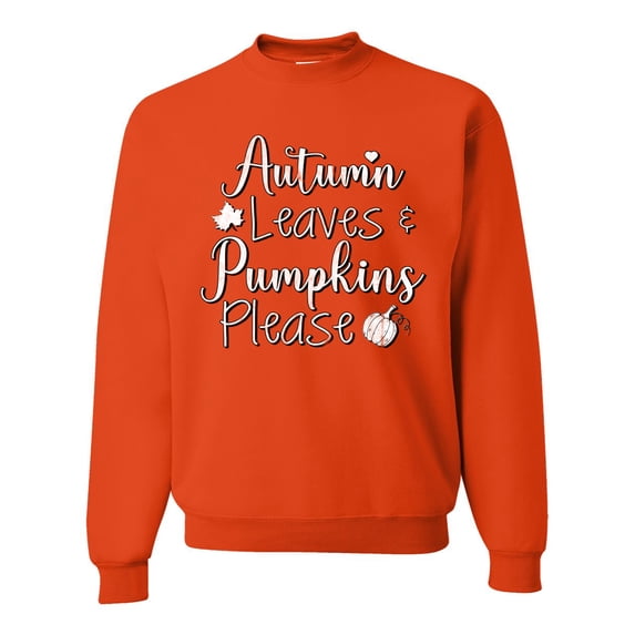 Wild Bobby Autumn Leaves and Pumpkins Please Black and White Distress Filter Halloween Unisex Crewneck Sweatshirt, Orange, XX-Large